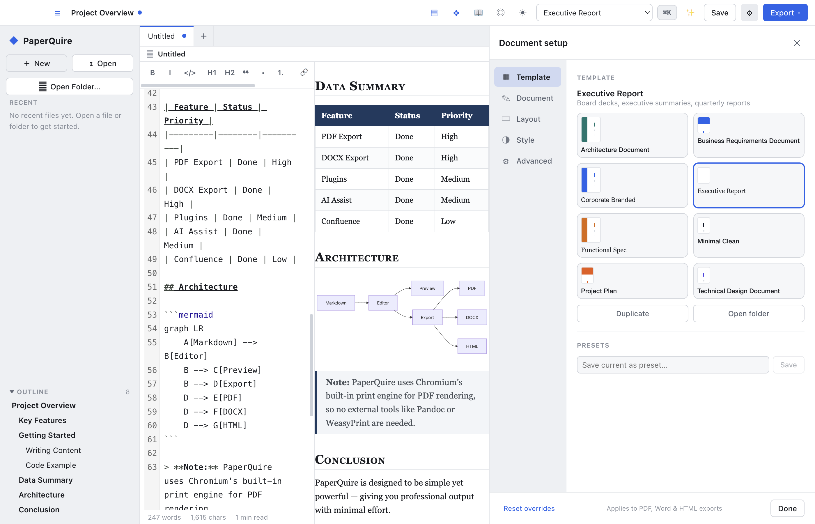 Template picker with executive report, technical design, and project plan templates